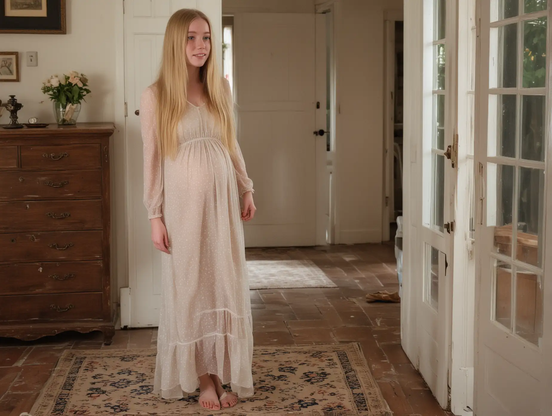 Petite Teen female with very long blonde straight hair, freckles, and pregnant. wearing a sheer dress and Mary Jane shoes. In a fancy cottage house, very cute and shy, holding pregnant belly.