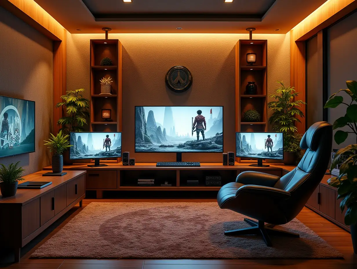 Gaming-Zimmer mit drei Monitoren hinten Regalen mit Teppich ,Beleuchtung mit Möblierung sehr vielen hängepflanzen Pflanzen with Attack on Titan Bild an der Wand Zen-Garten mit sorgfältig gepflegten Felsen, ein meditativer 180 Grad Aufnahmen 8K-Auflösung Farbenfroh