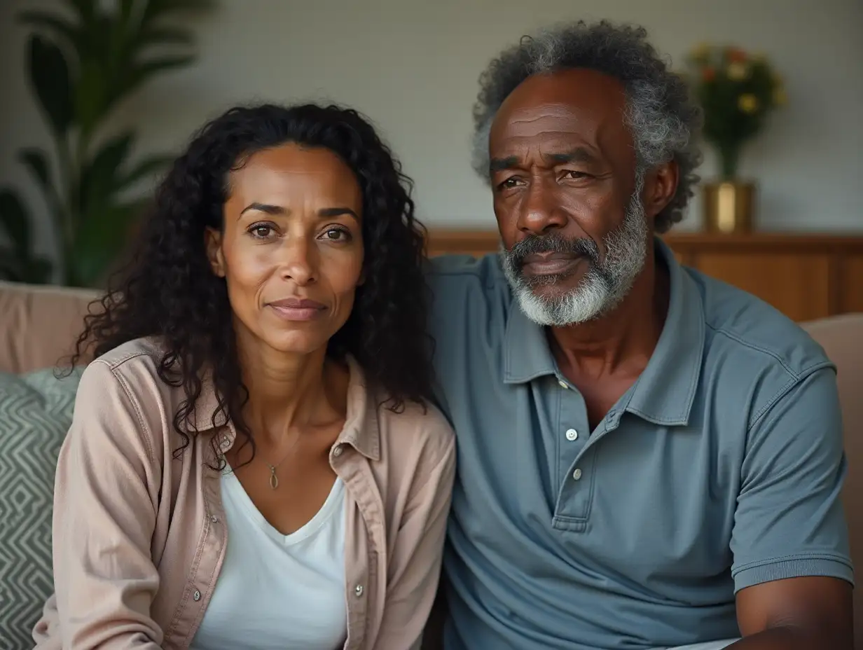 A 50-year-old woman of African origin with a man of the same age and also of African origin sitting on a couch, both looking sad