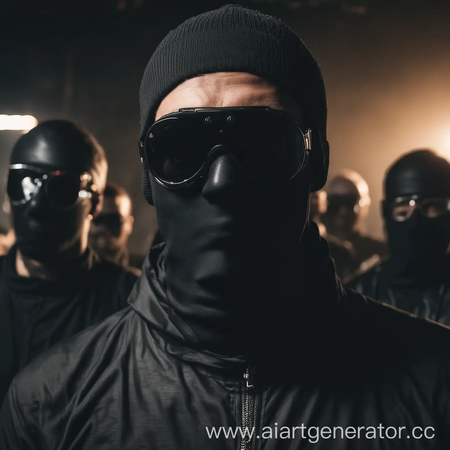 Man-in-Balaclava-and-Techno-Style-Dark-Glasses-at-Techno-Rave