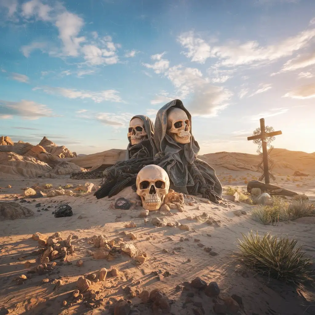 album cover, desert, skulls and effigies and a cross somewhere. hyper realistic album cover, desert, skulls and effigies and a cross somewhere. hyper realistic