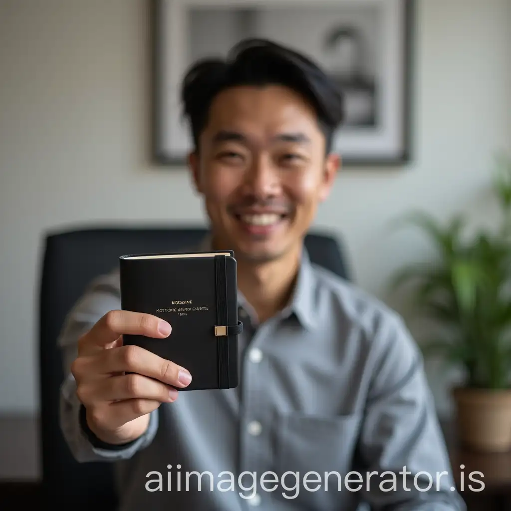 A Asian man is facing forward, showing a Moleskine notebook in his hand. He is sitting and in the background there's a minimalist office decor