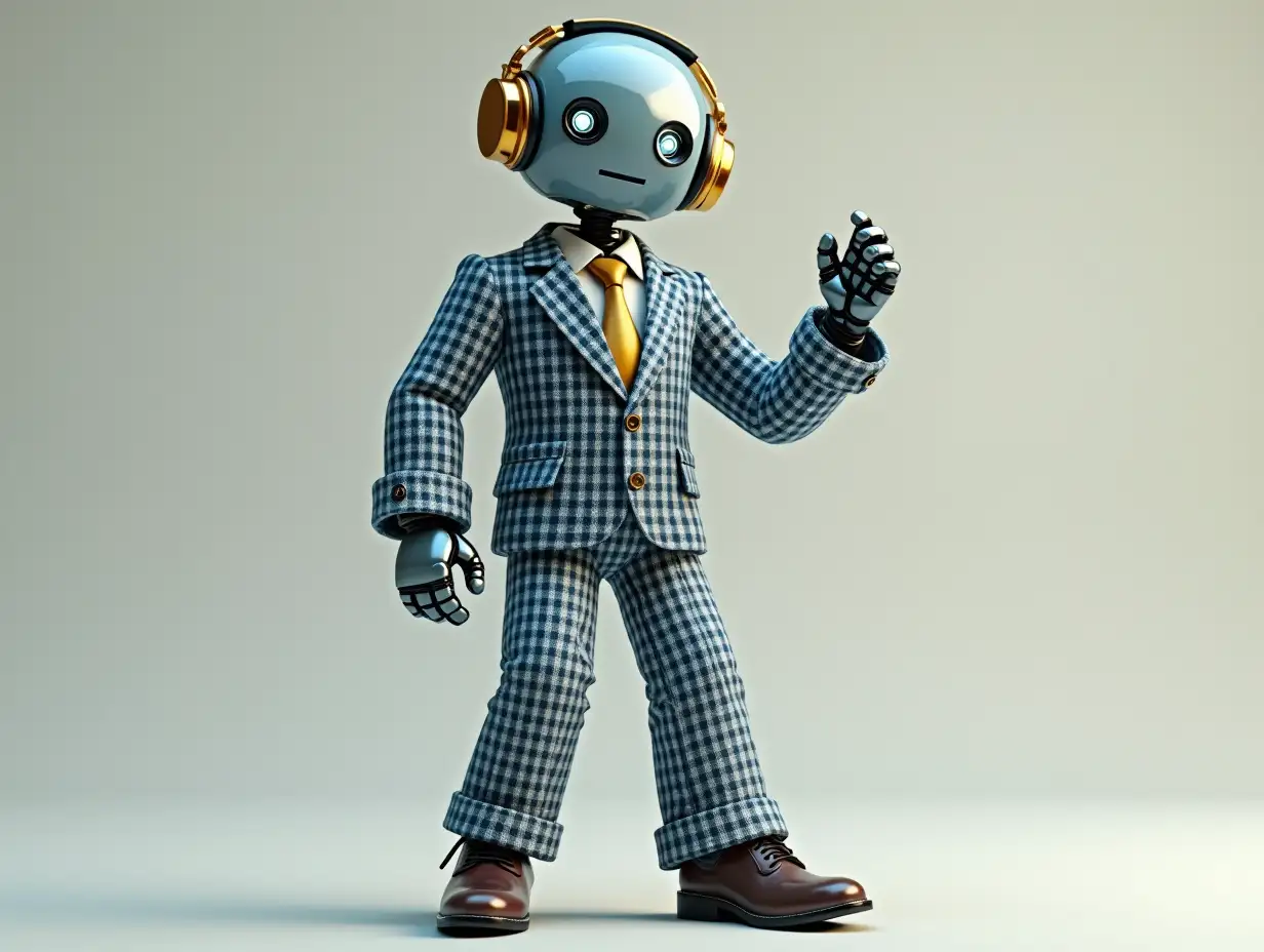 Create a high-resolution, realistic image of a robot with square eyes, golden headphones of a fashionable blue and white checked suit, patent leather shoes and strike a pose