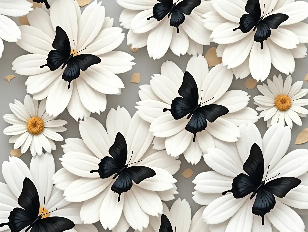 Create a seamless pattern of hyperrealistic black butterflies amidst various shades of white flowers. The butterflies should be detailed, showcasing visible veins and markings, appearing in flight or hovering. The flowers, with a soft, papery texture, range from bright white to off-white, rendered to suggest depth and three-dimensionality. Use subtle greys for shading, ensuring each butterfly and flower is well-defined and not overly stylized. The arrangement should feel organic, with large textured flowers similar to daisies forming the background, and butterflies clustered within the flowers, creating a dense and lively environment. Utilize soft, diffused lighting to subtly highlight the wings of the butterflies, focusing on intricate detail and visual accuracy while creating a sense of depth through overlapping wings and petals. Oil painting