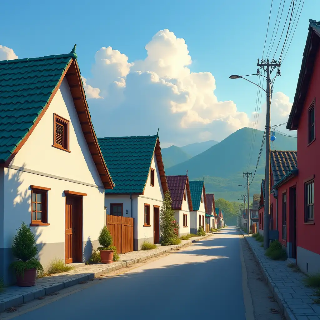 Serene-Dusk-on-a-Quiet-Street-with-Colorful-Houses-and-Mountain-View