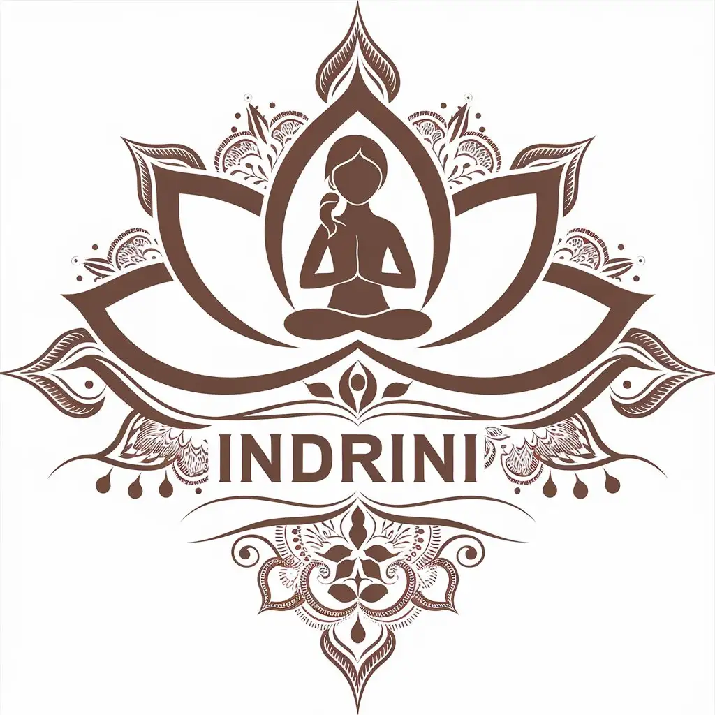 a vector logo design,with the text "Indrini", main symbol:Lotus, girl, practicing yoga,complex,be used in Ayurveda, HLS industry,clear background