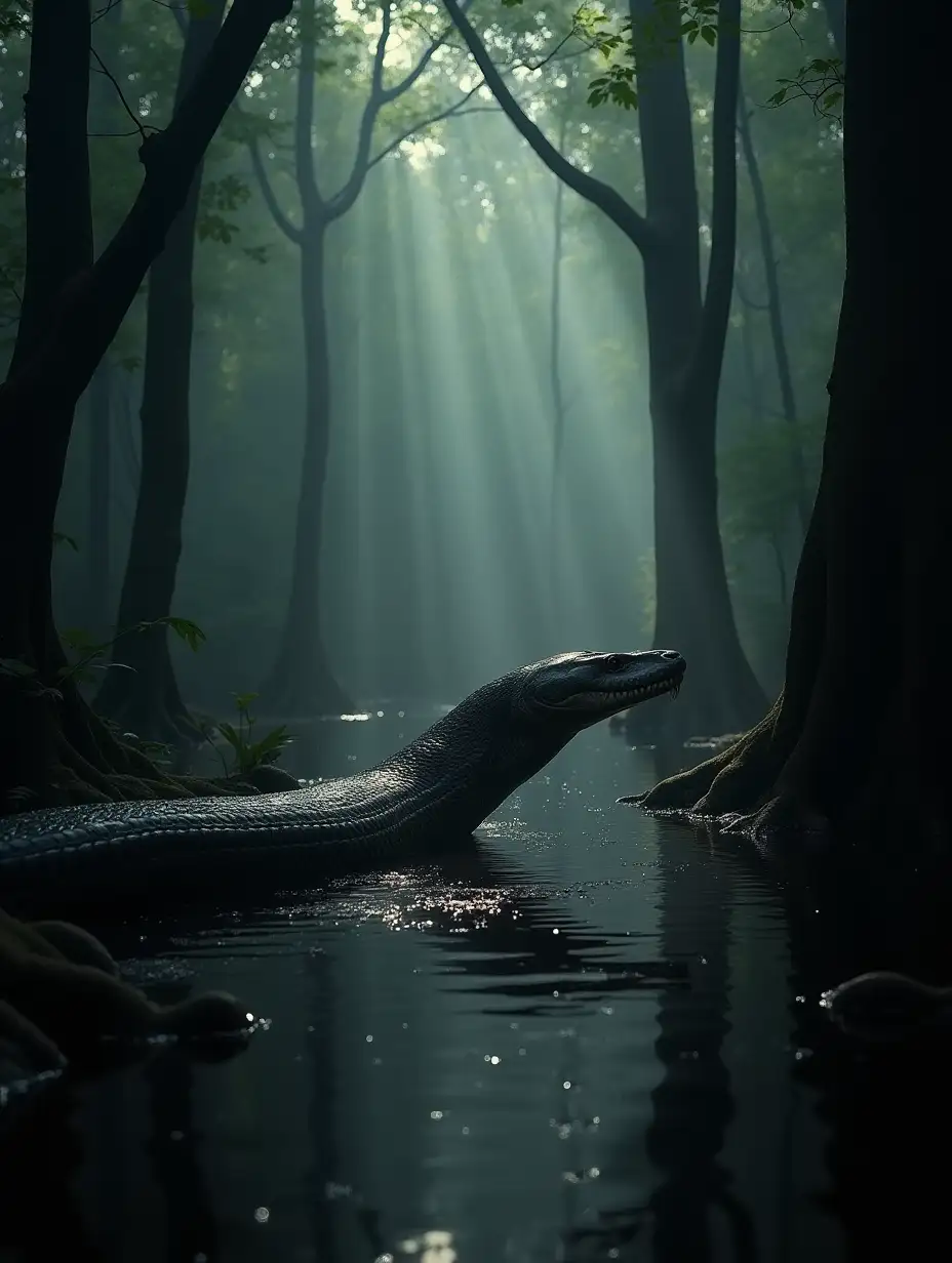 Monstrous-Anaconda-in-Dark-Swamp-Surrounded-by-Startled-Hunters