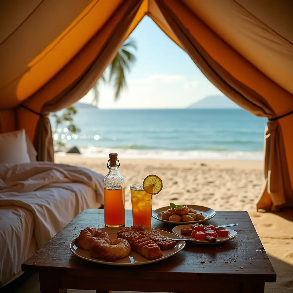 Cozy-Bedroom-Tent-by-Private-Beach-with-Iced-Drinks-and-Delicious-Foods