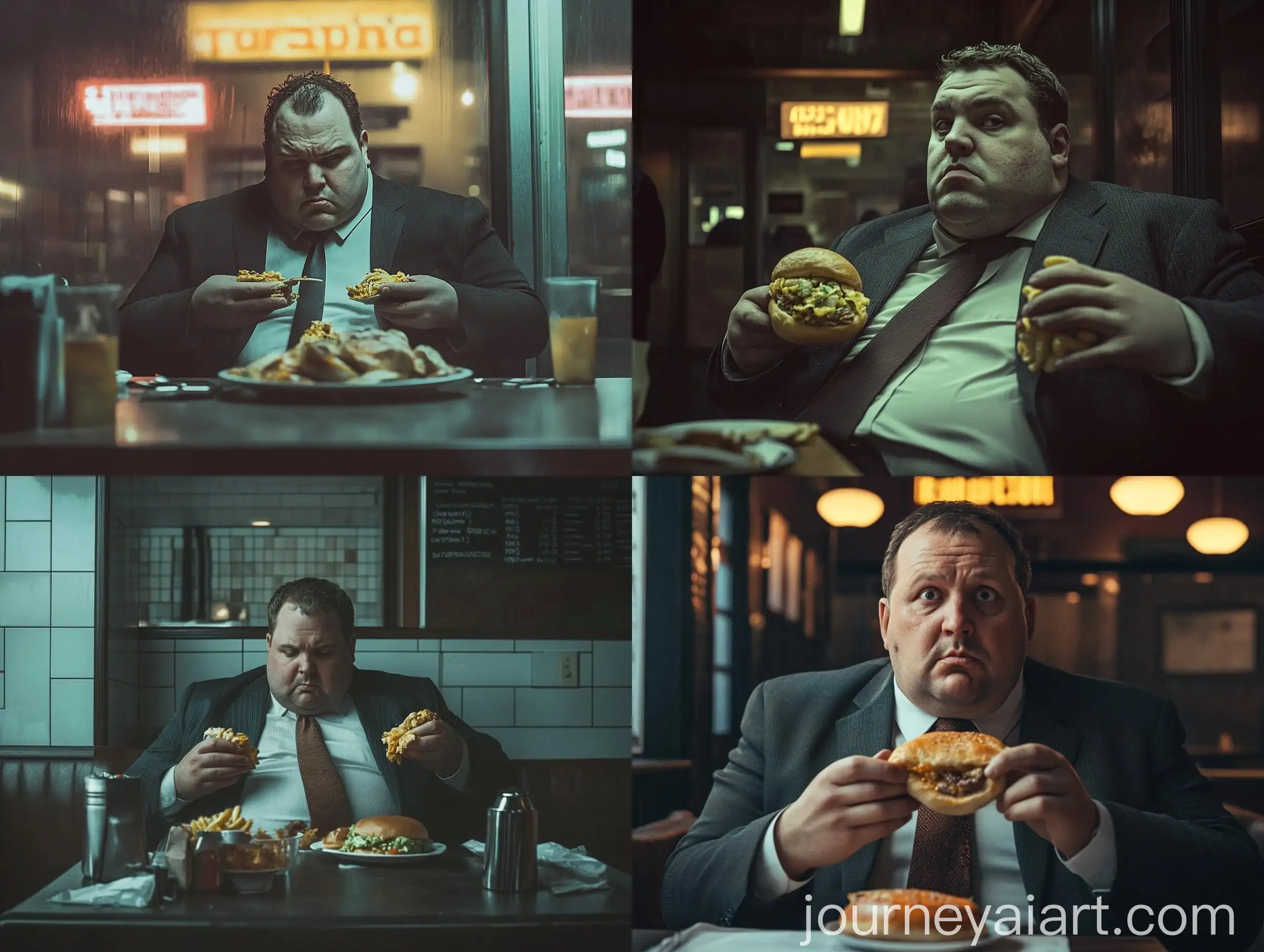 Businessman-Eating-Unhealthy-Food-in-Dimly-Lit-Restaurant