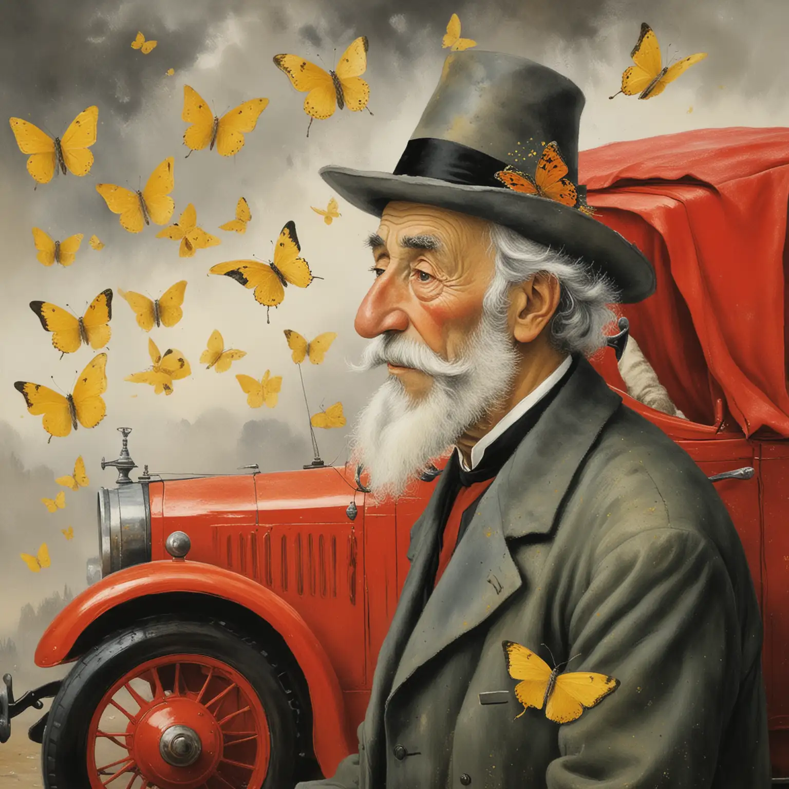 Old-Priest-with-Grey-Beard-and-Yellow-Butterflies-on-Red-Car-in-Foggy-Weather