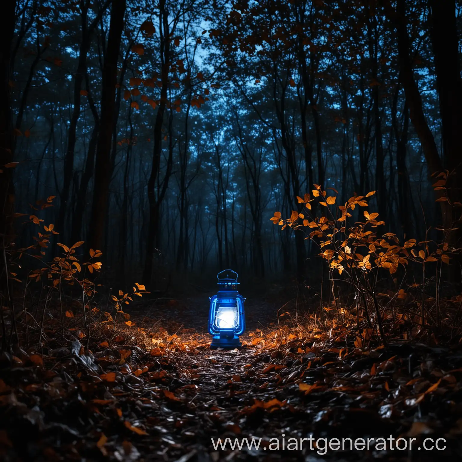 a dark dense forest at night in the distance a bright blue lantern in autumn

