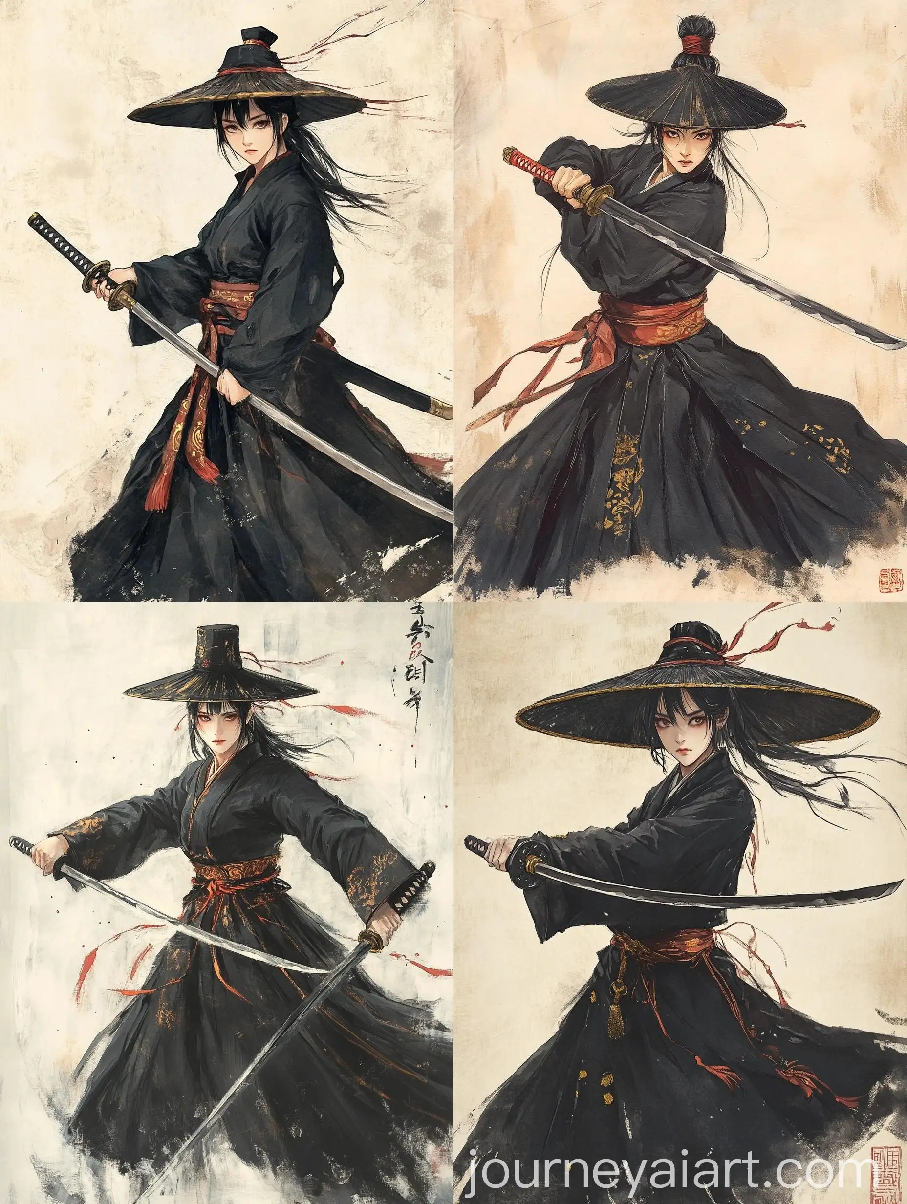 Female-Warrior-in-Black-Clothes-with-Sword-Traditional-Ink-Painting