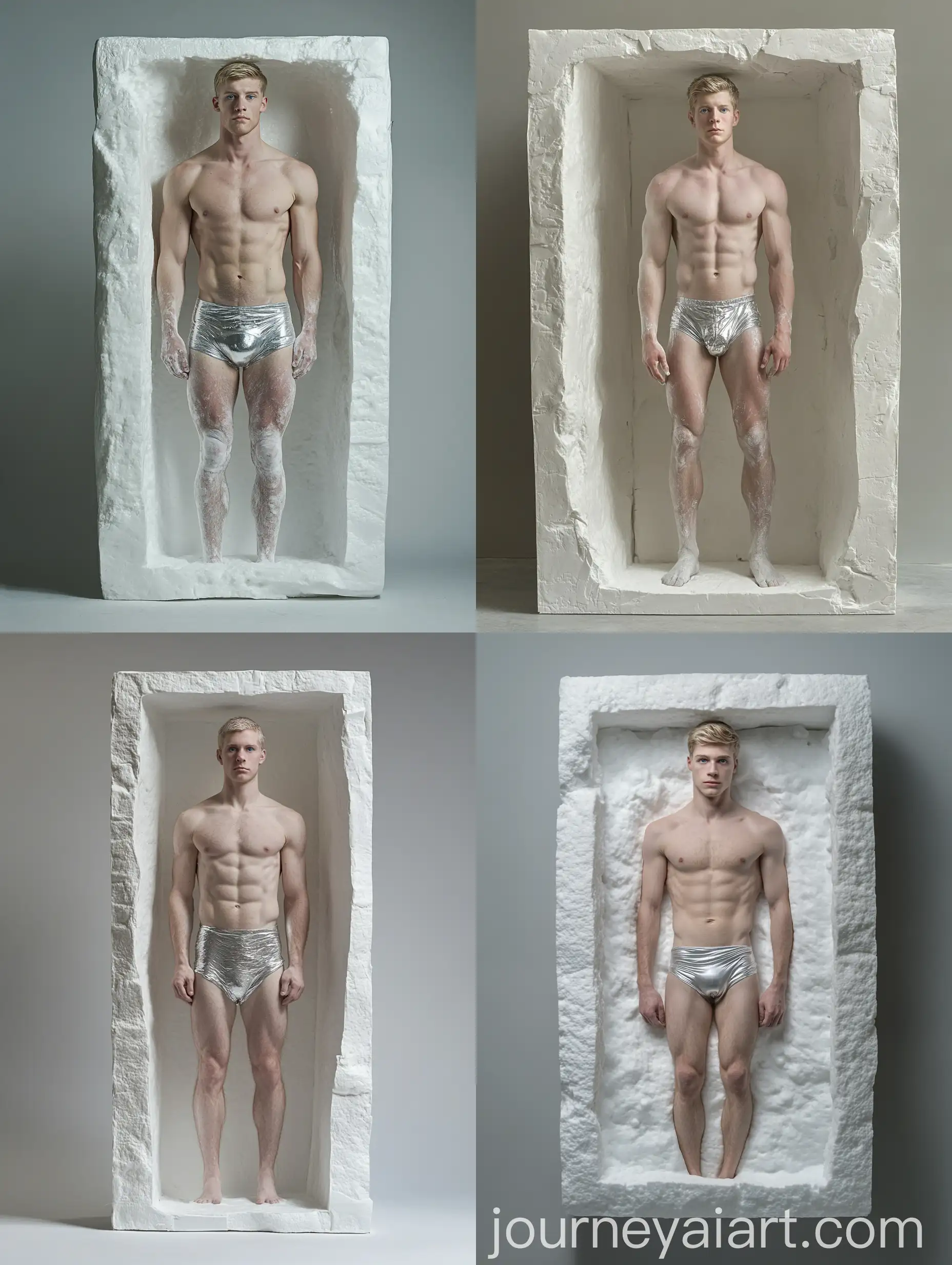 Male-Model-Standing-in-Giant-Polystyrene-Block-with-Silver-Underwear