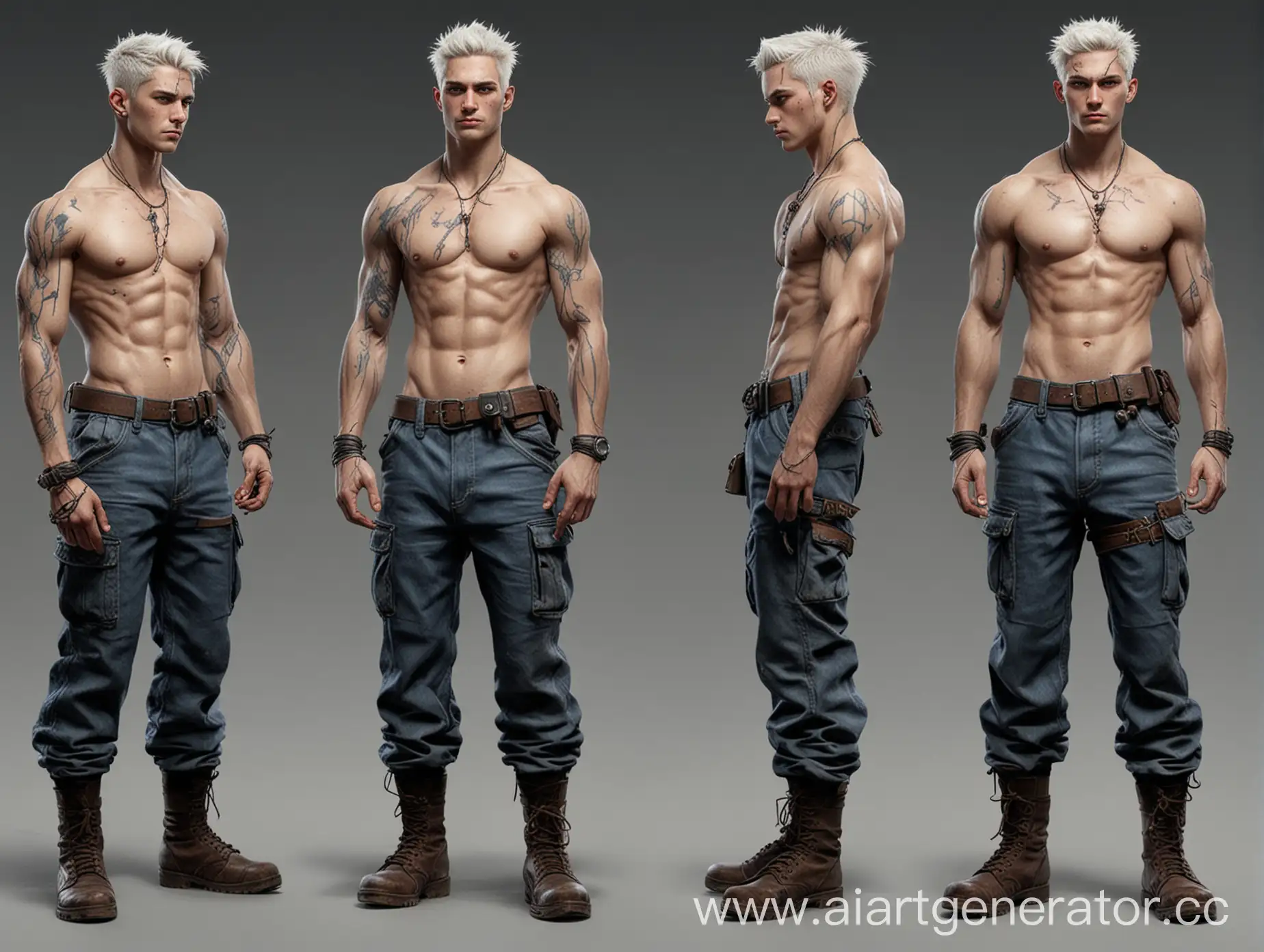 Character concept, artistic concept of a guy, style of realism, a guy 26 years old, tall, haircut, white hair, white skin, blue veins on his hands, in a post-apocalyptic style, full-length in different angles, with a bare torso, half-naked, trousers with pockets in the color of hakka, high brown shoes with thick soles, a weapon in his hands, an army pendant around his neck