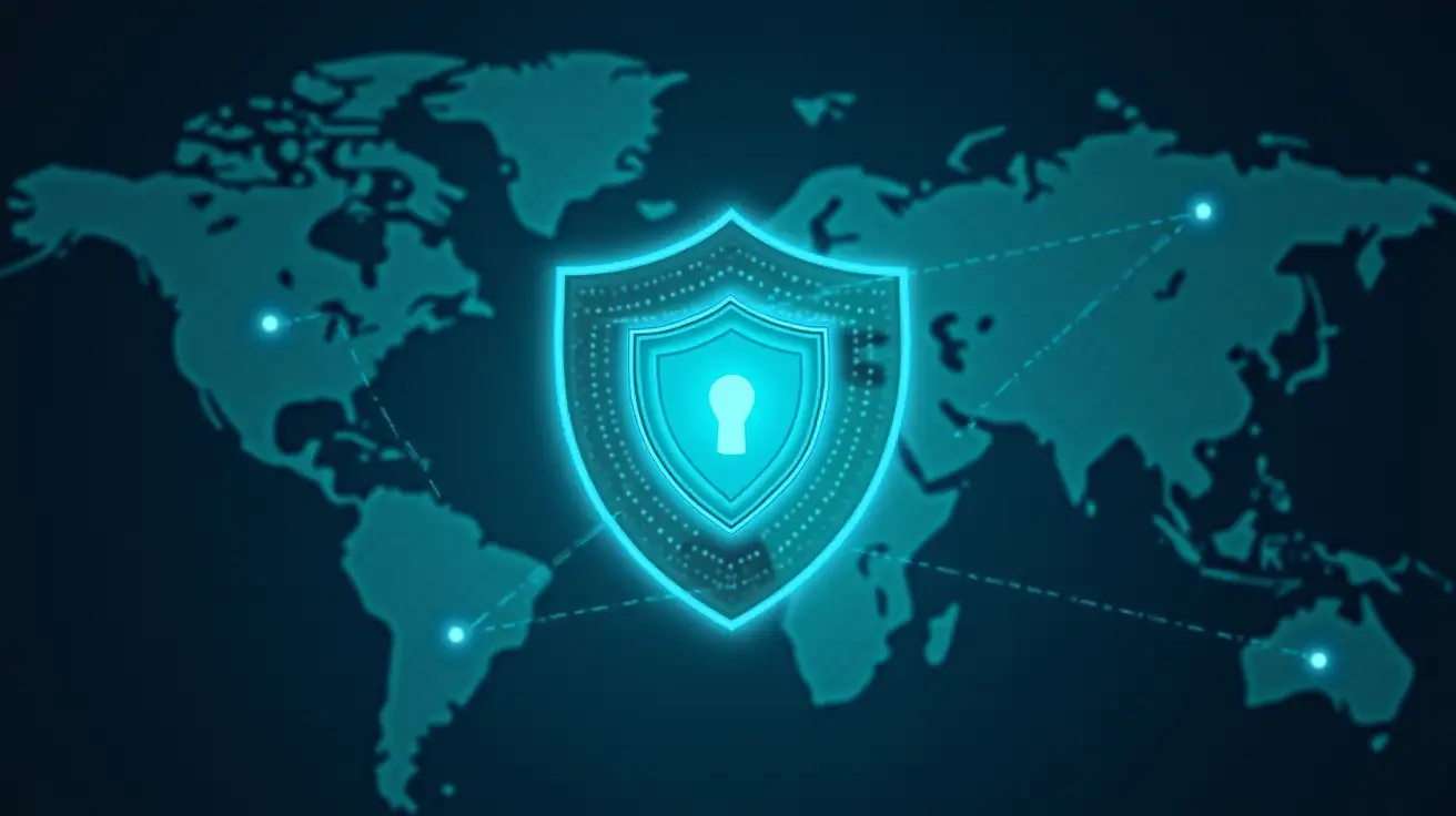 A large shield at the center of the image, symbolizing protection and security, surrounded by digital lines representing data transmission. In the background, a world map with network nodes indicating the global scope of the CISSP certification. Use blue and green tones to create a modern, tech-focused atmosphere.