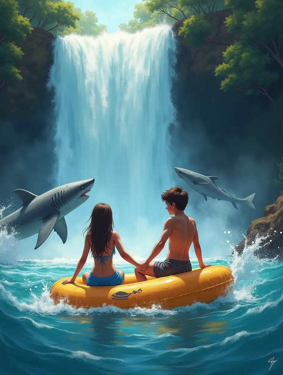 Raging Waterfall, boy and girl in love float on a raft holding hands. Around sharks.