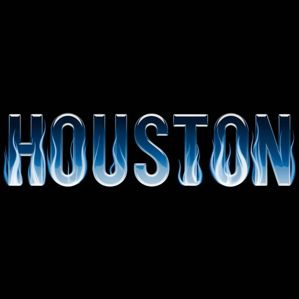 Houston Large Blue Glossy Letters with White and Blue Flames on Black Background