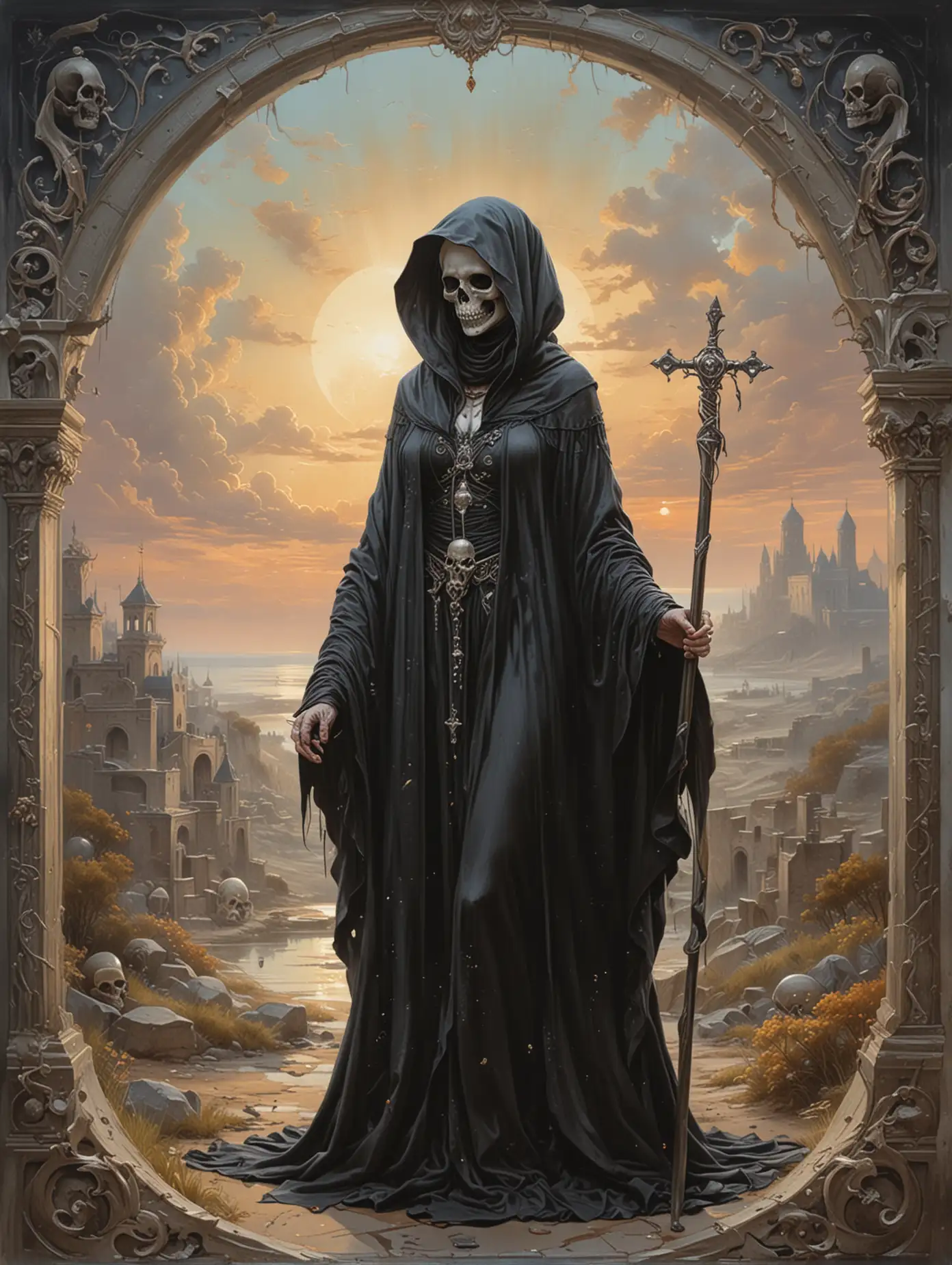 Futuristic-Tarot-Card-Death-with-Female-Figure-Scythe-and-Glowing-Cross