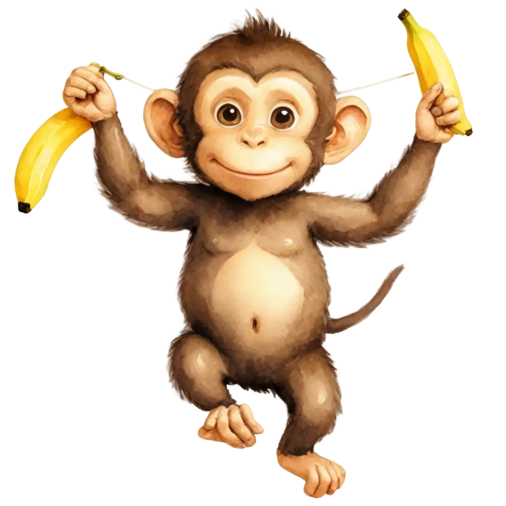 Watercolor-Style-PNG-Image-of-Cute-Little-Monkey-Running-with-a-String-of-Bananas