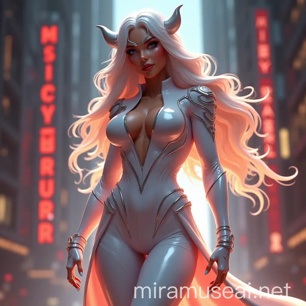 beautiful evil proud female superheroine with a deep cleavage in a white costume with special effects 3d animation realistic