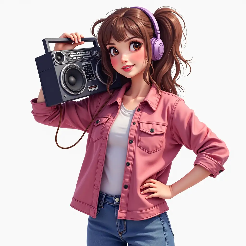 a girl in 90s style with a boombox on her shoulder on a transparent background