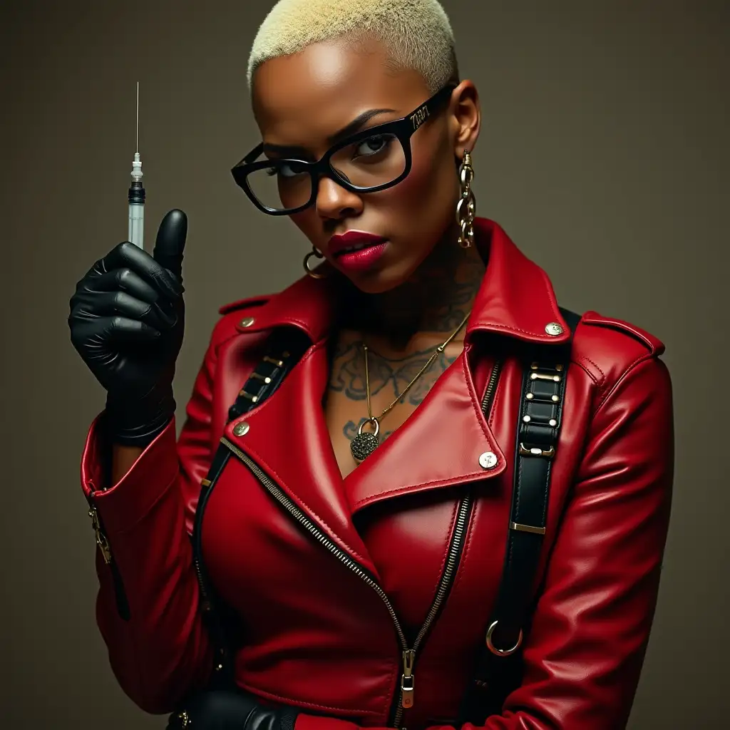 Angry-DarkSkinned-African-Woman-in-Red-Leather-Motorcycle-Jacket-Pointing-Injection-Needle