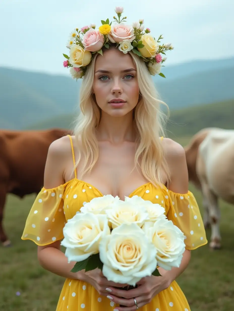 Beautiful-Russian-Blonde-Woman-in-Yellow-Dress-with-Polka-Dots-Holding-White-Roses-in-Foggy-Hillside