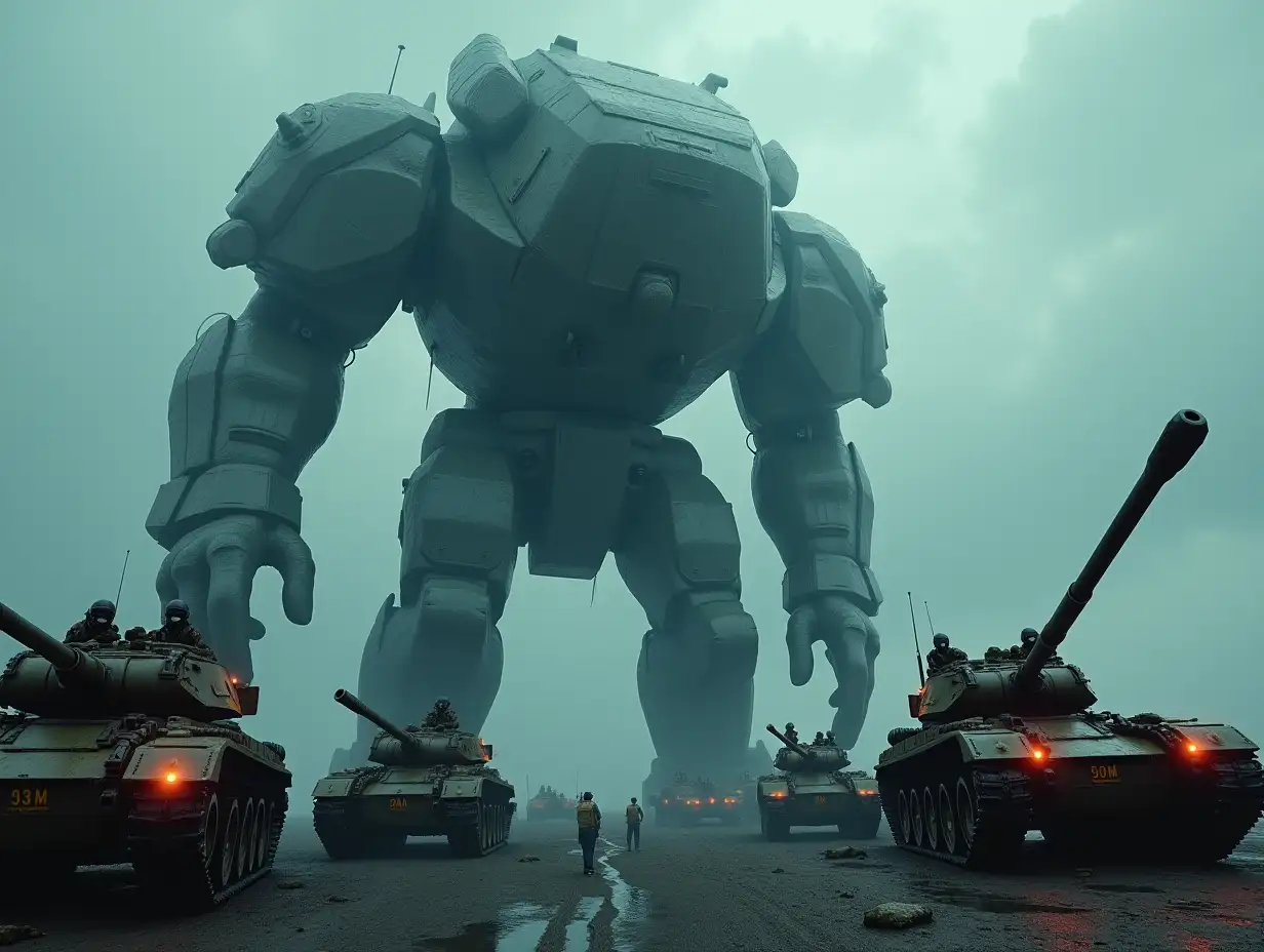 Create ki fantasy with a high-resolution, realistic image of the artificial Robert, 40 meters tall, and soldiers with weapons and tanks on the Neptune 4k resolution