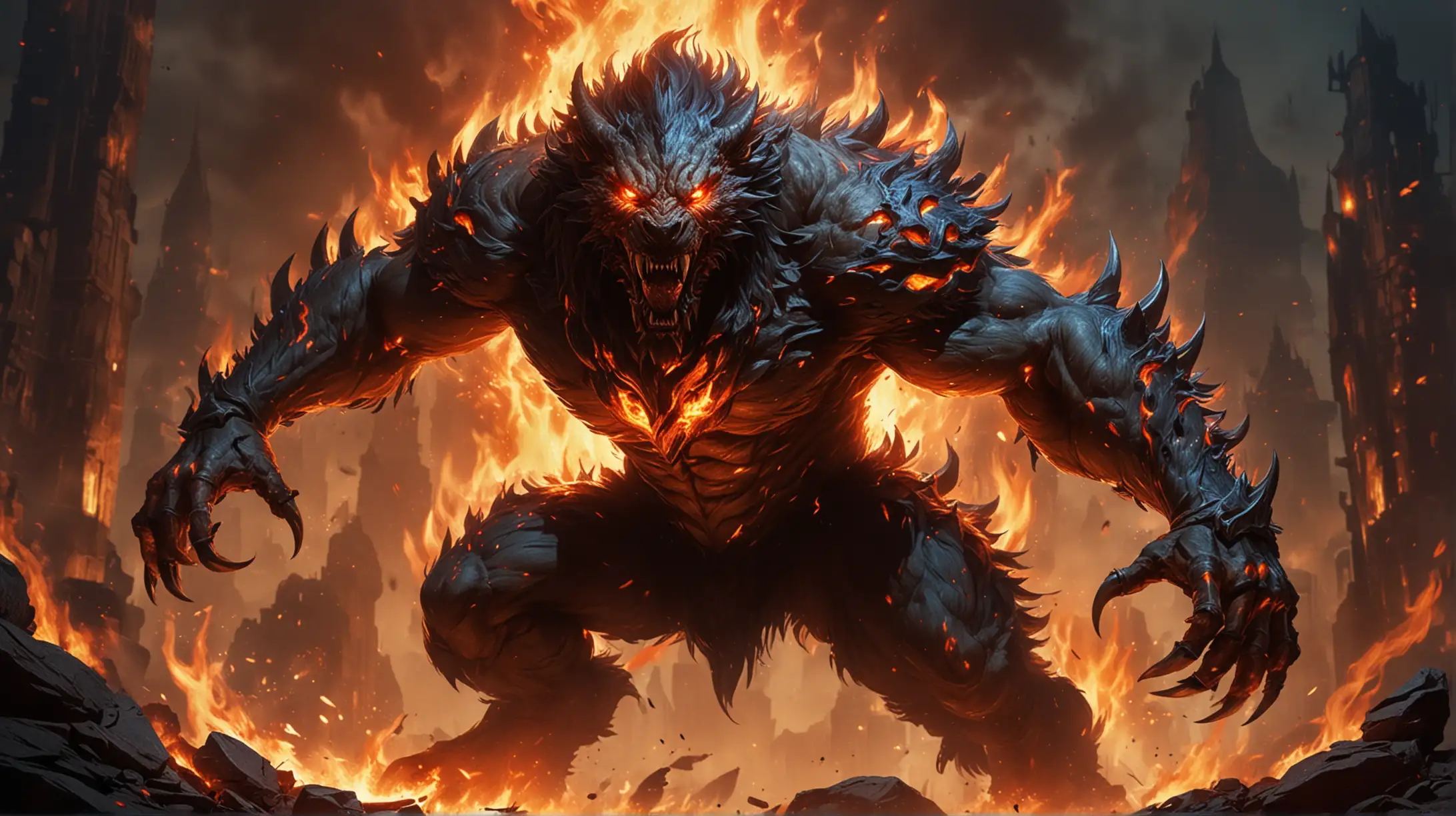 Fierce Beast with Fiery Aura in Battle Stance