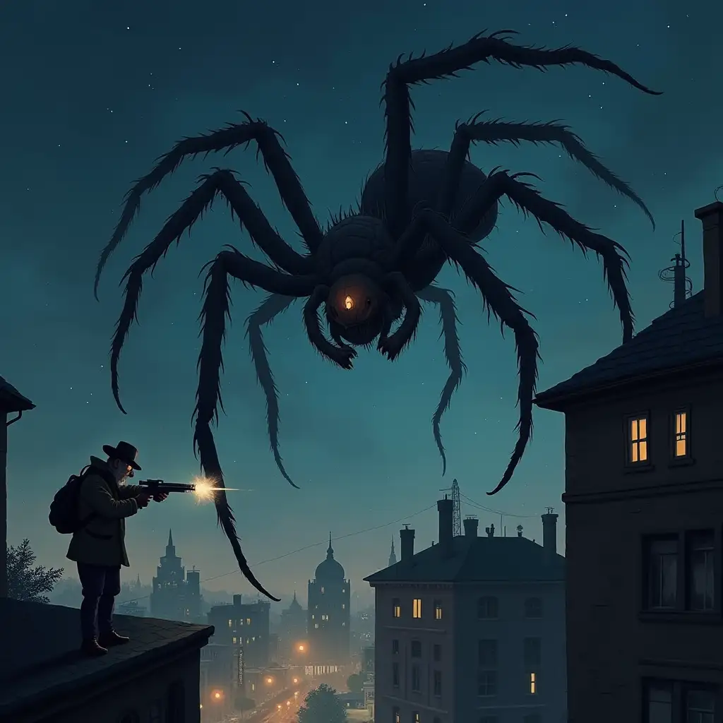 Giant-Spider-Chasing-People-in-the-City-at-Night-with-Old-Man-Shooting-from-Balcony