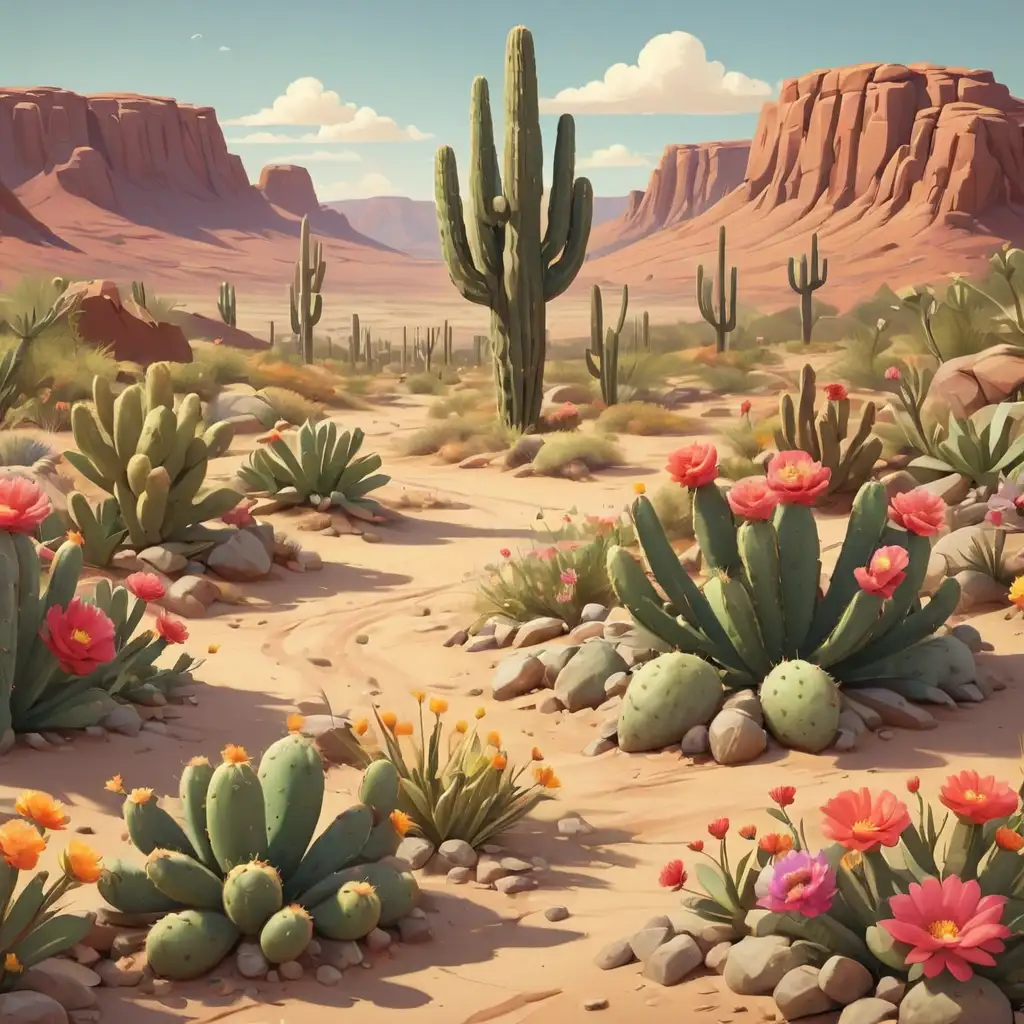 Cartoon Desert Landscape with Cactus and Flowers