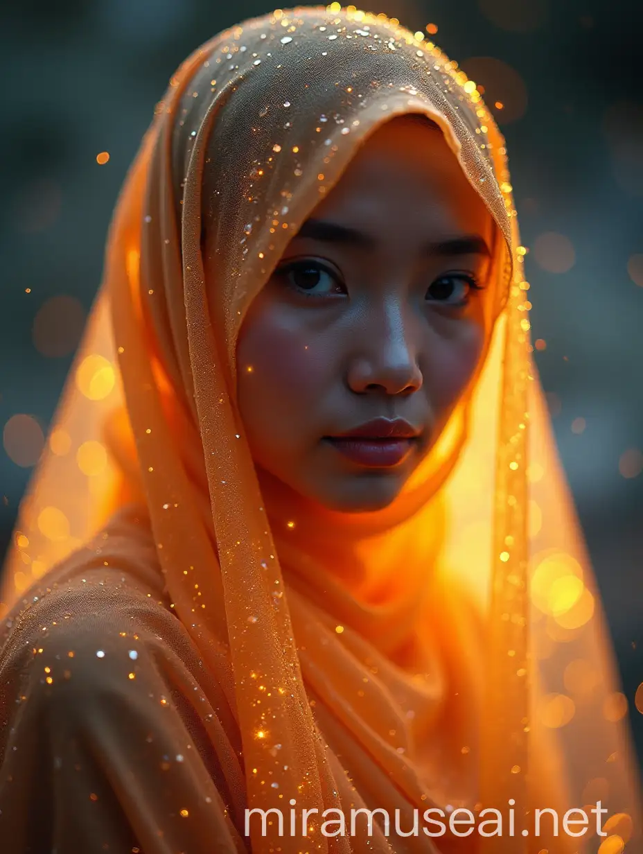 Indonesian Woman in CrystalLike Glowing Hijab Portrait