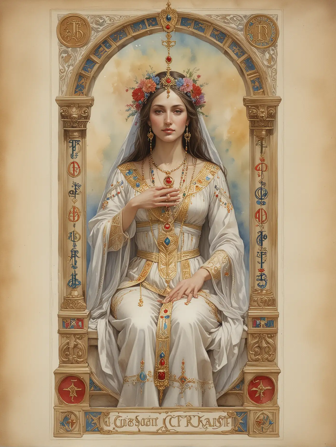 Tarot-Card-of-Russian-Supreme-Magical-Priestess-with-Feminine-Symbols-and-Fine-Ornaments