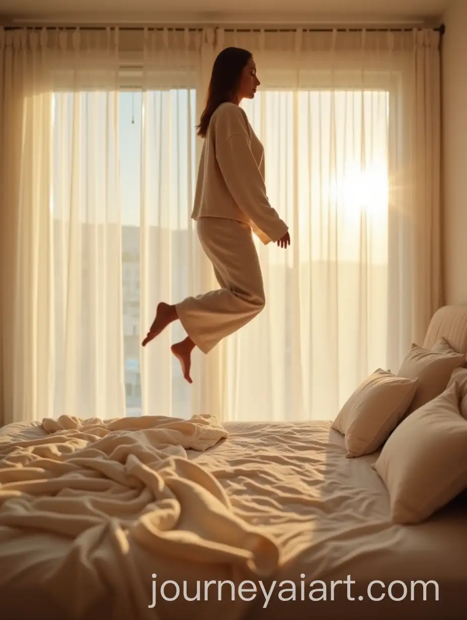 Woman-Floating-Above-a-Bed-in-a-Serene-ModernAI-Image-Prompt-Expansion-Bedroom-with-Natural-Light