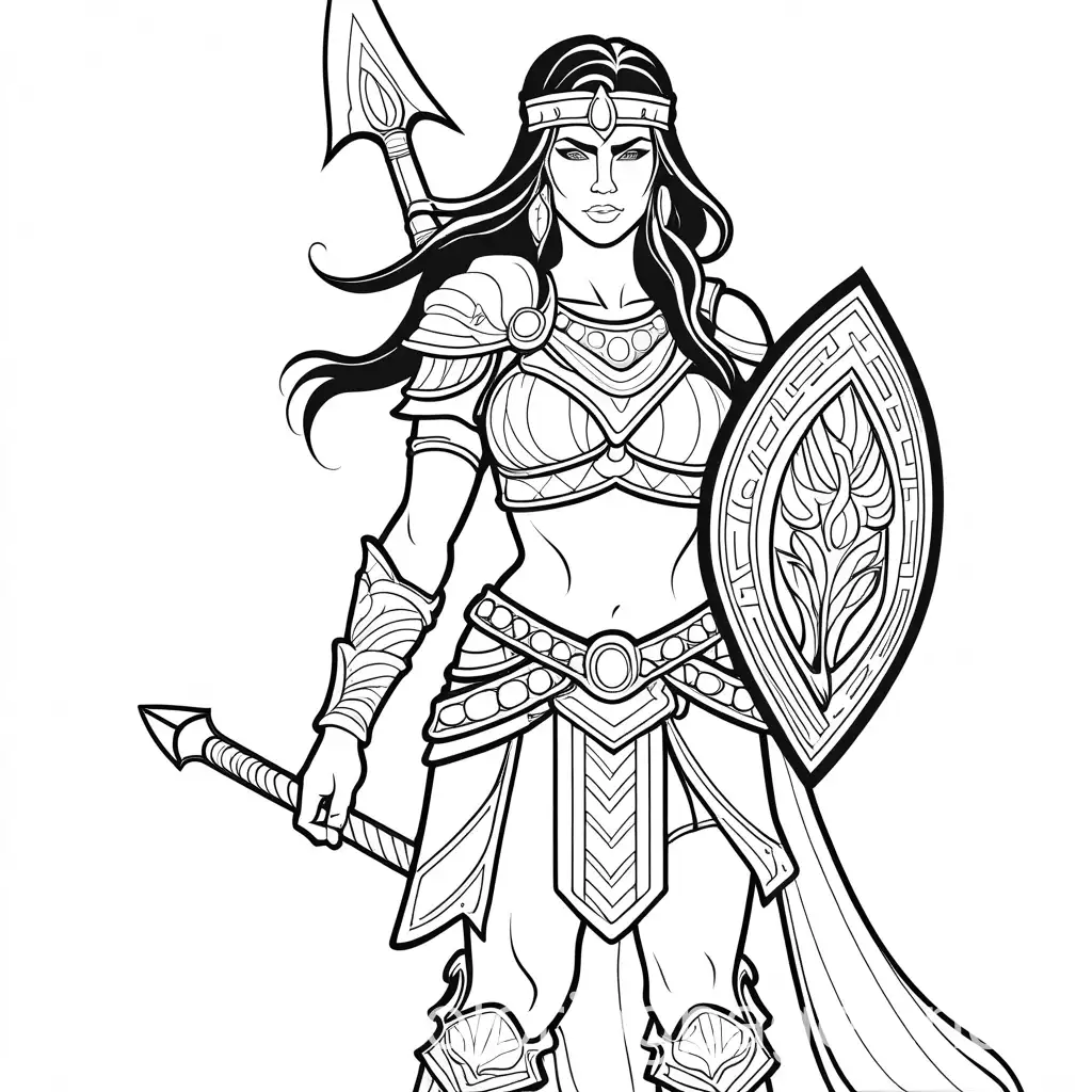 warrior, fantasy, female, beautiful, barbarian , Coloring Page, black and white, line art, white background, Simplicity, Ample White Space. The background of the coloring page is plain white to make it easy for young children to color within the lines. The outlines of all the subjects are easy to distinguish, making it simple for kids to color without too much difficulty