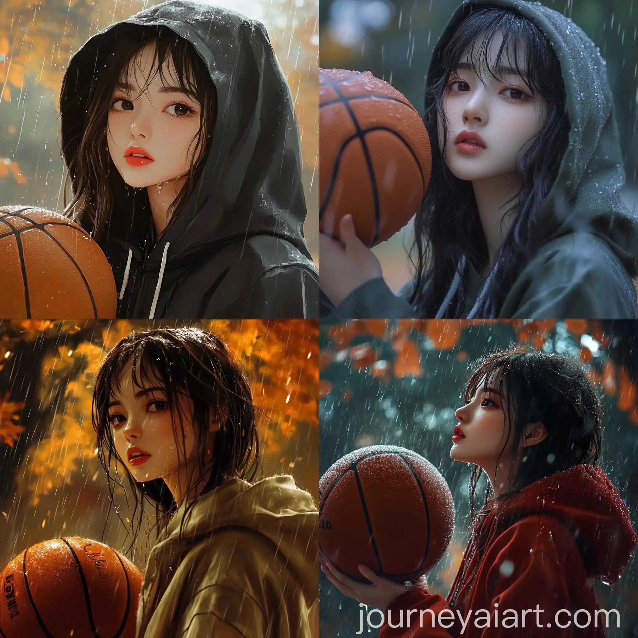 Korean-Girl-Playing-Basketball-in-Autumn-Rain-with-Hoodie
