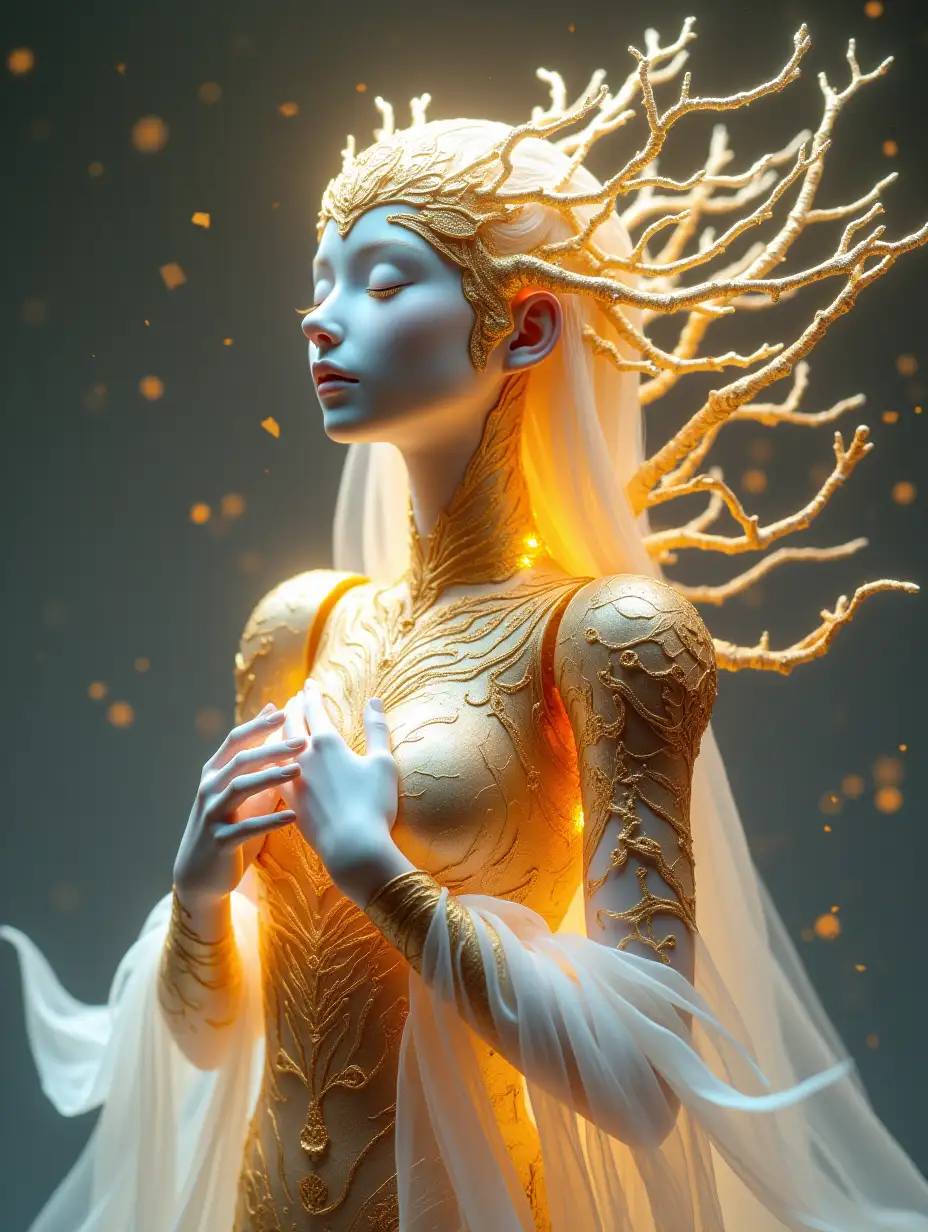 a fantastical, ethereal white Porcelain figure goddess of life with a blend of organic and mechanical elements. The figure goddess of life appears to be a female with delicate, pale features, wearing an ornate klimt golden crown that radiates light. Her upper body is composed of intricate golden armor fused with a mechanical structure, glowing from within with a warm, radiant light. Emerging from her back and shoulders are delicate, tree-like branches that seem to be infused with gold, giving a surreal, nature-meets-technology aesthetic. She is draped in a flowing, translucent white fabric, adding softness to her otherwise metallic and mechanical appearance. Floating golden shards and particles surround her, enhancing the mystical atmosphere. The figure goddess of life has a serene expression with her eyes closed, hands gently touching her chest, as if in a state of calm reverence or divine connection.