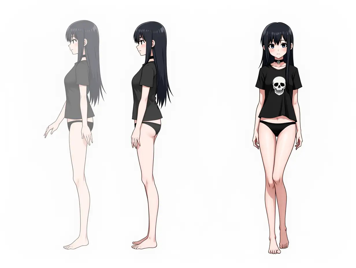 A full-body character sheet of a Gothic-style young adult woman with long black hair. She is wearing a black t-shirt with a skull logo, a choker around her neck, and a thong. She is barefoot. The background is white.