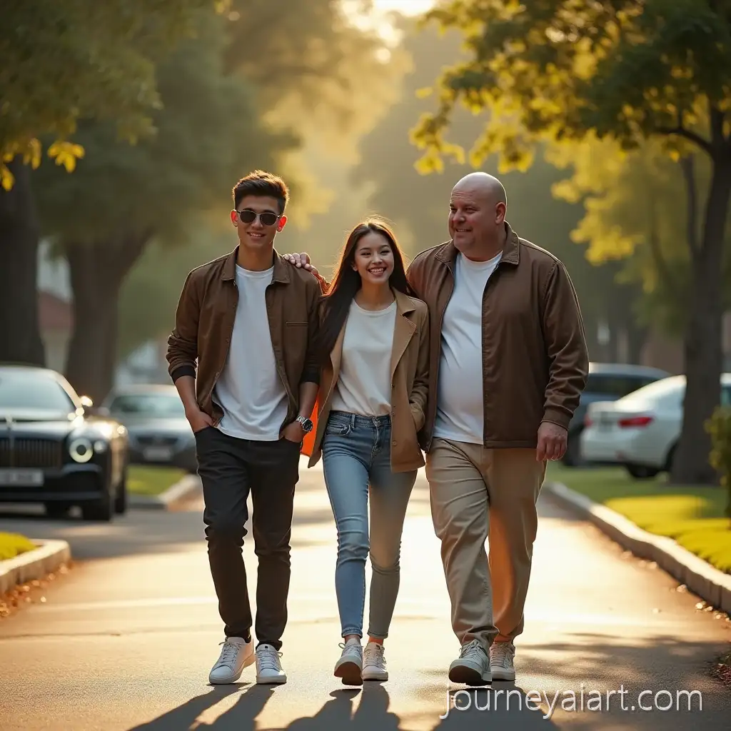 Asian-Family-Walking-on-TreeLined-Suburban-Street-in-Late-Afternoon-Sun