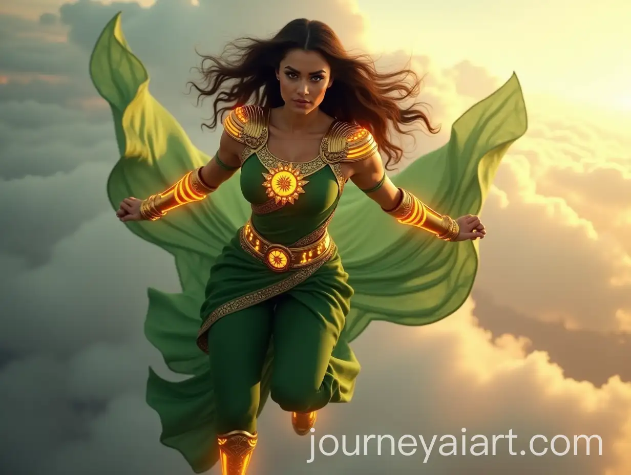 Female-Superhero-in-Futuristic-Armor-with-Traditional-Indian-Saree-Soaring-Through-the-Sky