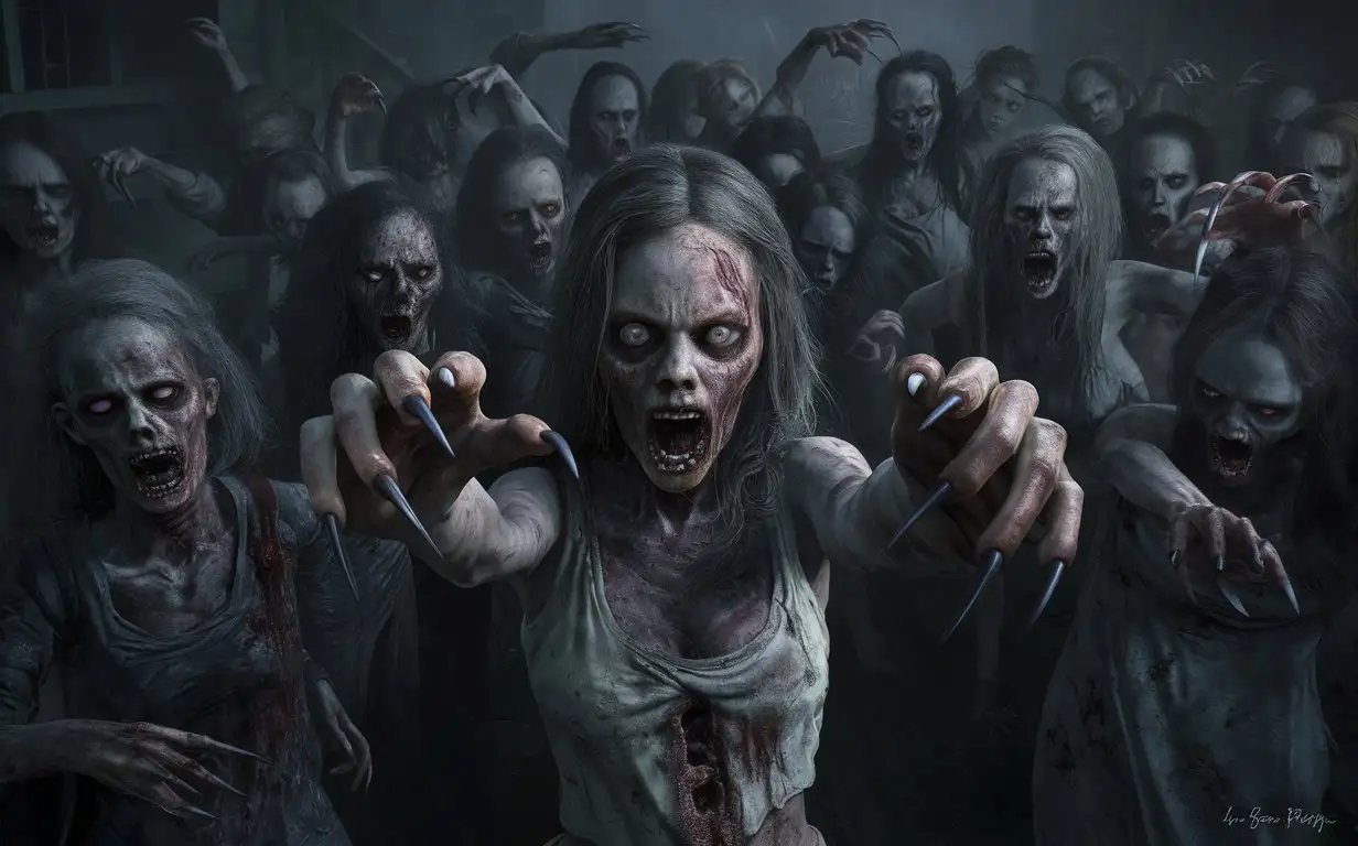 A terrifying crowd of ugly, rotten zombie and zombie women creatures stretches out their long- pointed fingernailed like claws hands, Hyperrealism, cinematography, high detail, photorealistic, high quality, photorealistic, aggressive, gloomy atmosphere, realism, minute details, detailed nails, horror, atmospheric lighting, full anatomical study, photorealism, detail, texture, gloomy, frightening, night scene, tense, creepy, undead, creepy, sinister, atmospheric lighting, nightmare, grotesque, horror, realistic anatomy