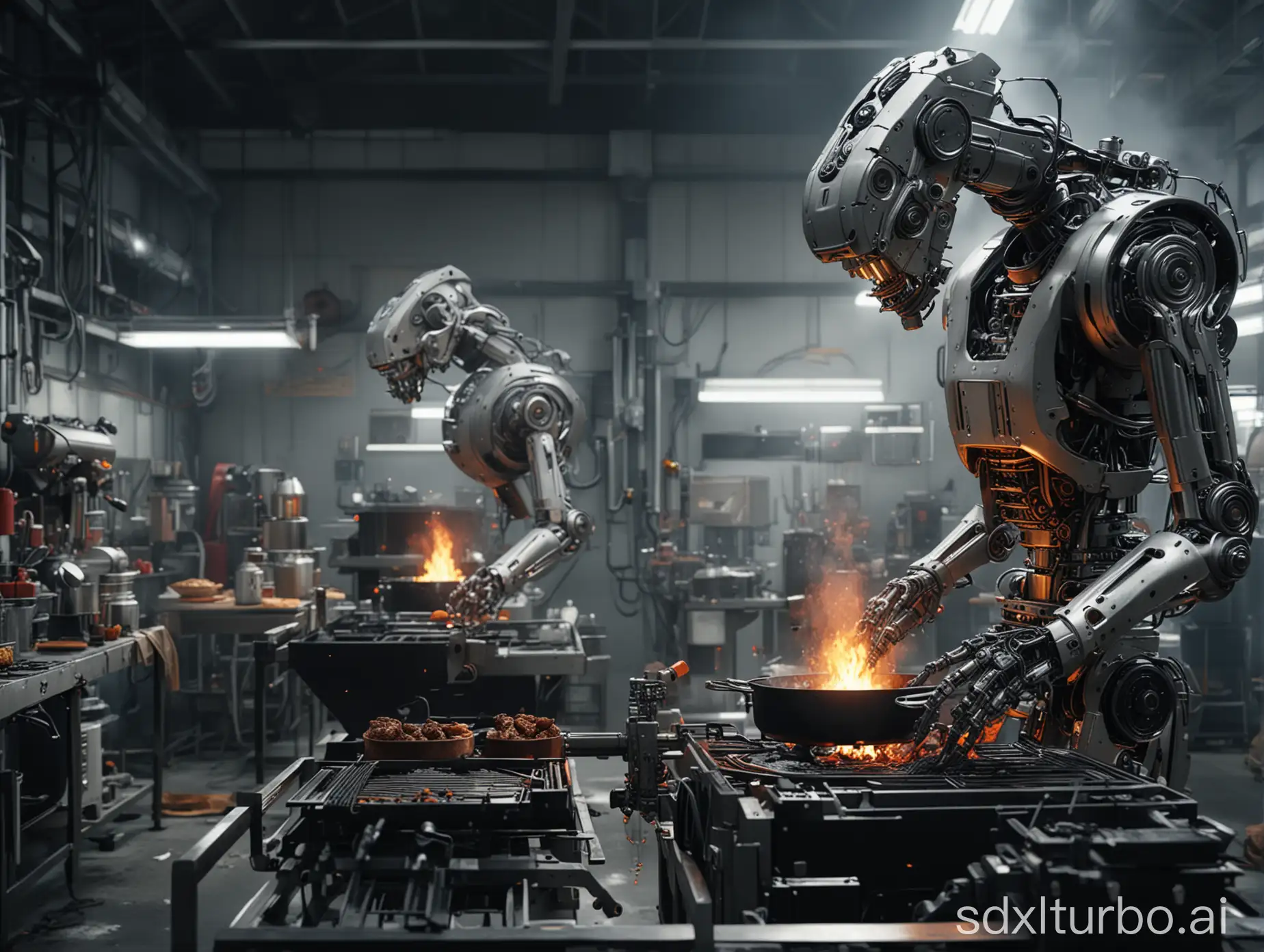 mechanical robot factory 8k cooking real scene