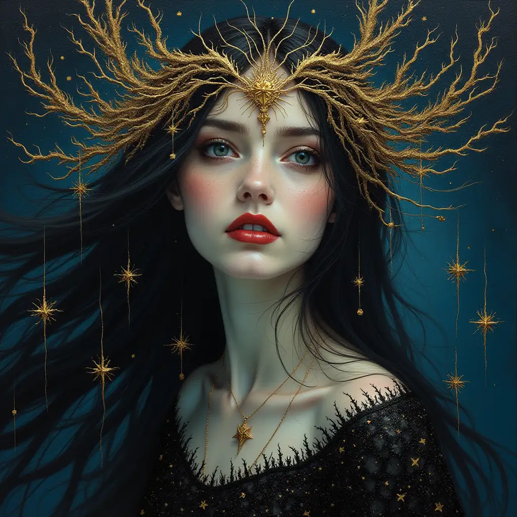 The fairy of the black star. A beautiful fairy woman. Gothic, dark fantasy. Close-up, realism. Expressive eyes, smooth mystical movements, long hair fluttering in the wind along with trains from an exquisite star-twinkling dress. An oil and alcohol ink painting depicting a silver and gold vine on a night background.