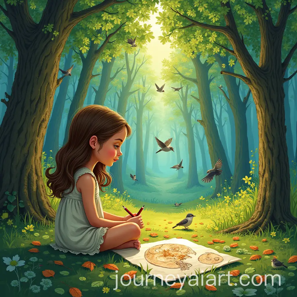 Little-Girl-Drawing-in-a-Peaceful-Forest-Surrounded-by-Leaves-and-Birds