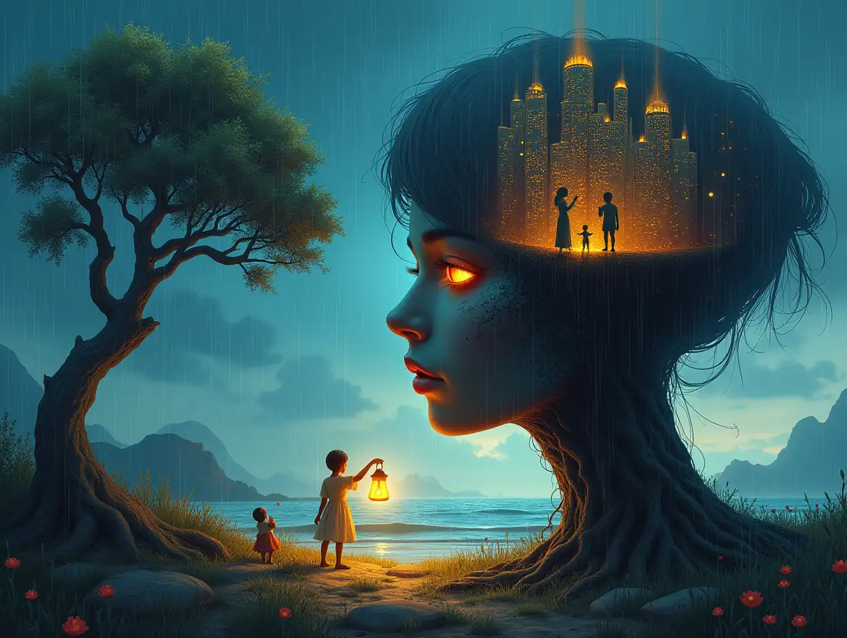 Creating a digital painting face with hair turning into buildings with golden rocky sea and illuminated trees with roots and lantern and alien creatures on a meadow rain blue sky