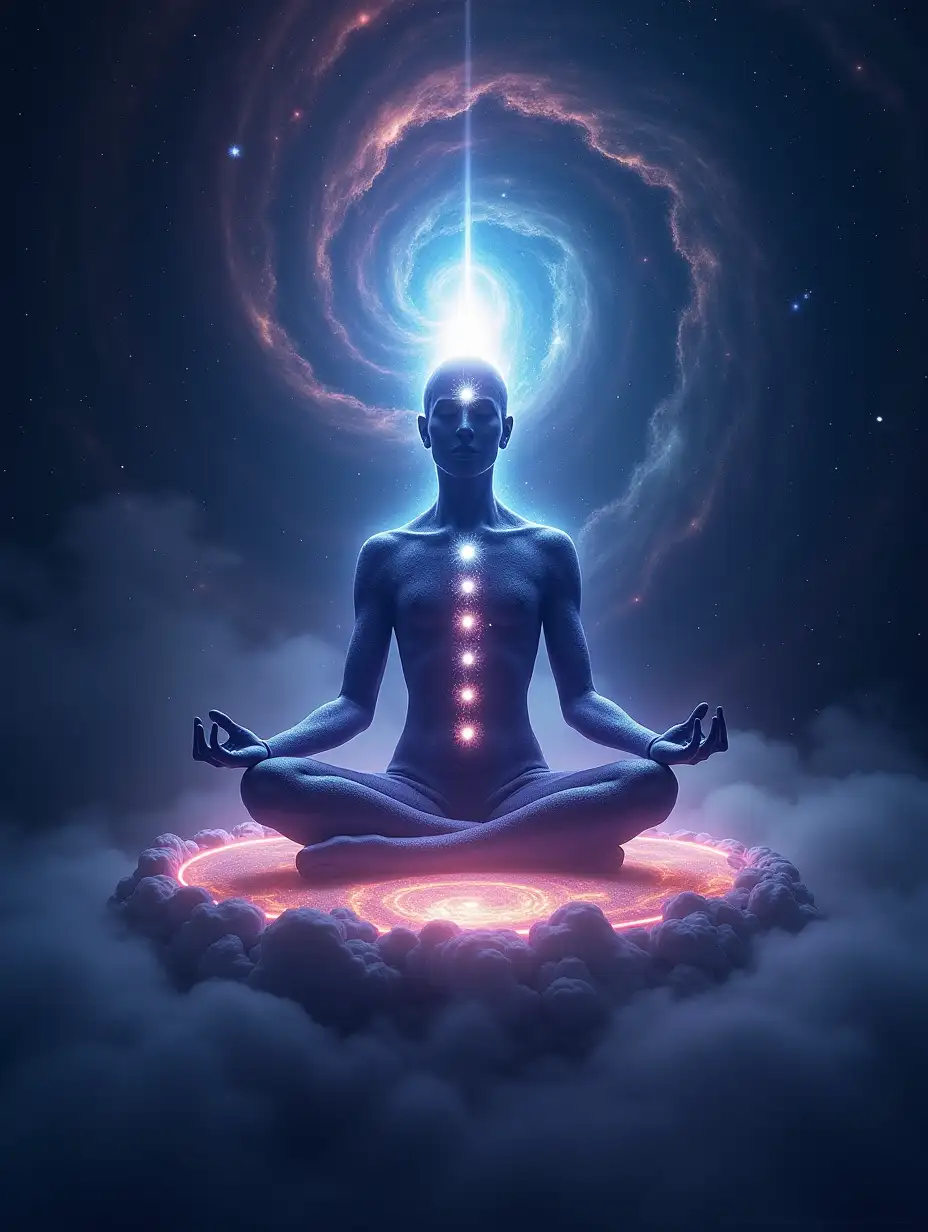 A cosmic, meditative figure sits in a lotus position, glowing with ethereal energy. The figure is silhouetted against a vast galaxy, with swirling nebulas and stars surrounding them. A radiant third eye shines on the forehead, while energy centers align along the body, emitting a celestial glow. The figure appears to be floating above a mystical, glowing platform in deep space, symbolizing enlightenment and higher consciousness. The scene is surreal, spiritual, and infused with cosmic energy.