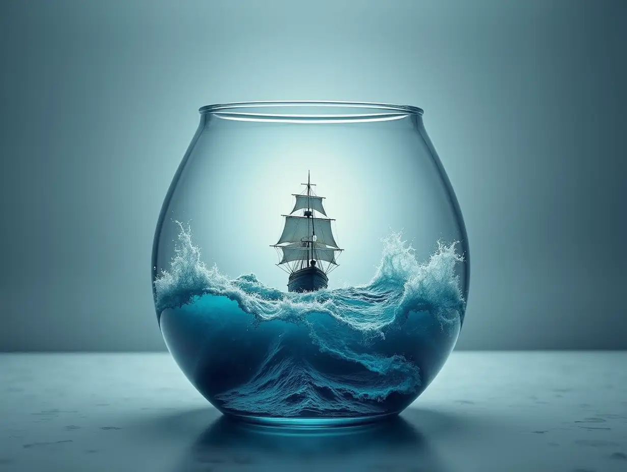 Create an oval glass container with a sea of large waves, a big sailing ship and a 4K resolution flash