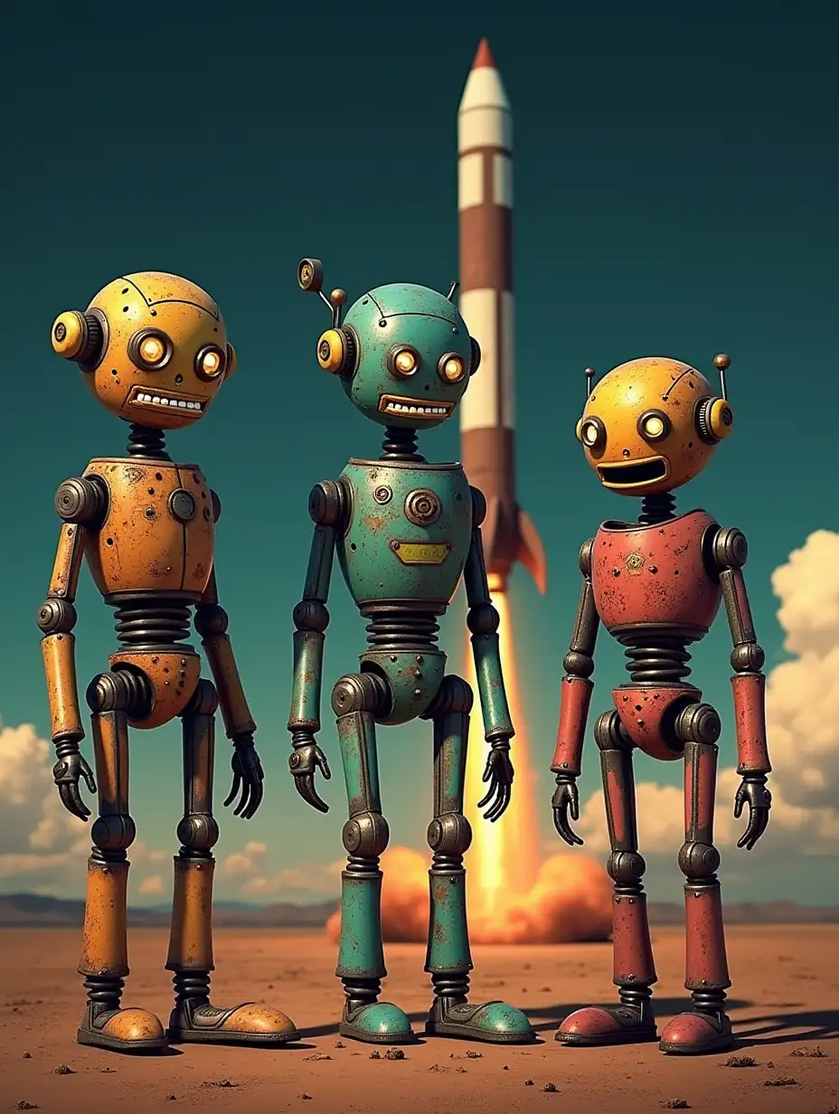 Trio-of-Ancient-Robots-Beside-a-Rusty-Rocket-in-a-Dark-SciFi-Landscape