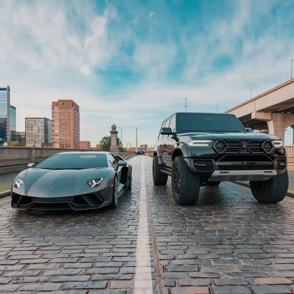 view from the front, on one side a sporty Lamborghini, on the other side a tall black SUV 3d