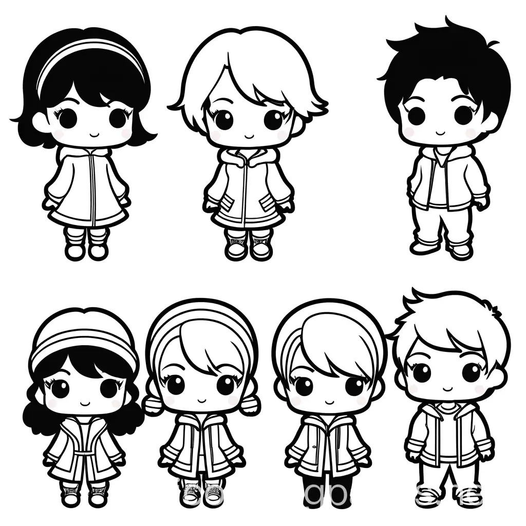 Chibi Characters Cute versions of anime characters in their signature outfits , Coloring Page, black and white, line art, white background, Simplicity, Ample White Space. The background of the coloring page is plain white to make it easy for young children to color within the lines. The outlines of all the subjects are easy to distinguish, making it simple for kids to color without too much difficulty, Coloring Page, black and white, line art, white background, Simplicity, Ample White Space. The background of the coloring page is plain white to make it easy for young children to color within the lines. The outlines of all the subjects are easy to distinguish, making it simple for kids to color without too much difficulty